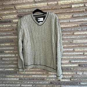 GAP Vintage Tan V Neck Cableknit V Neck Sweater Brown Trim